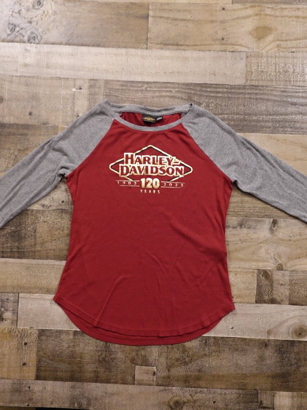 Harley-Davidson 120th Anniversary Raglan Shirt Women's Large Red Gray